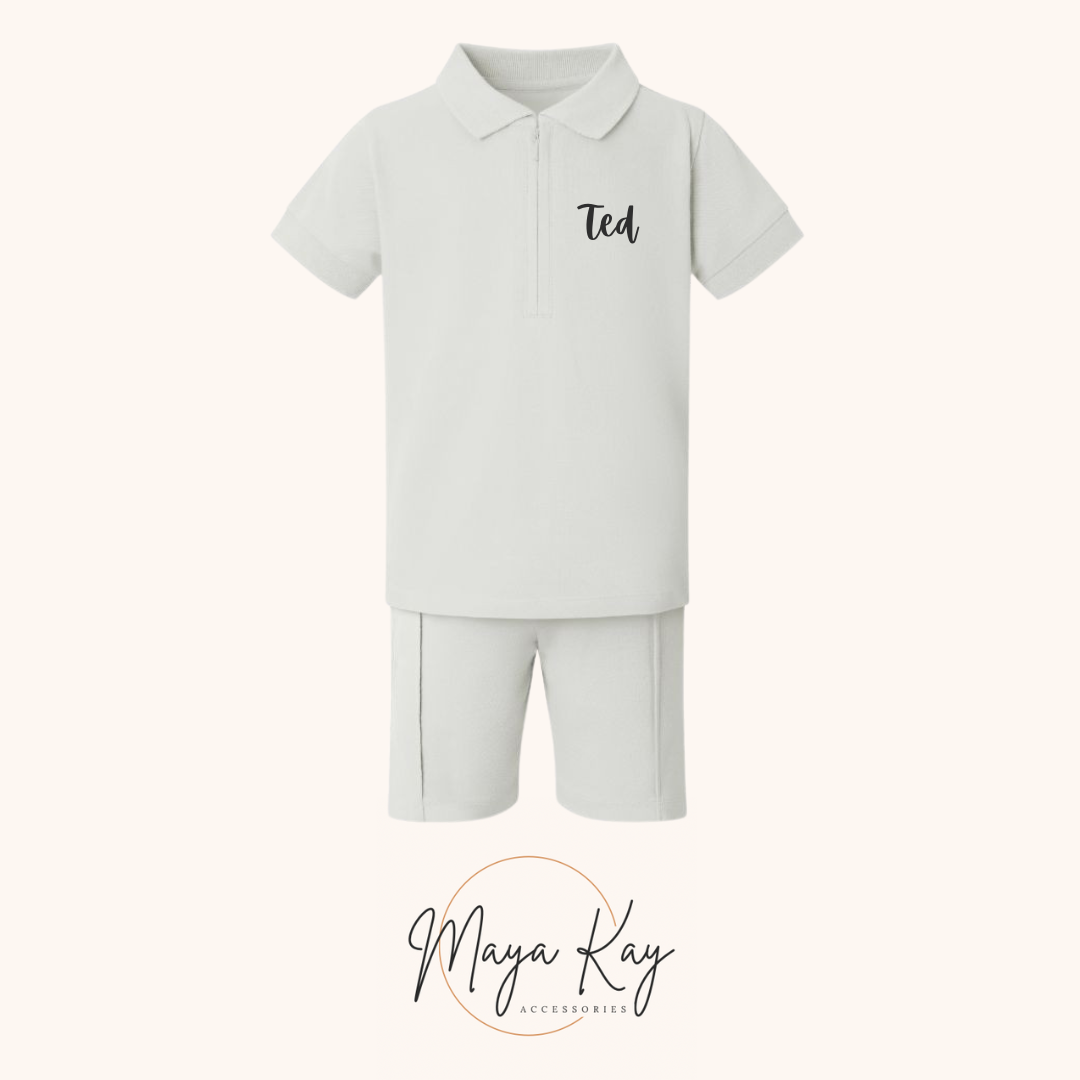 KIDS POLO SHIRT AND SHORT SET IN ‘PEBBLE GREY’