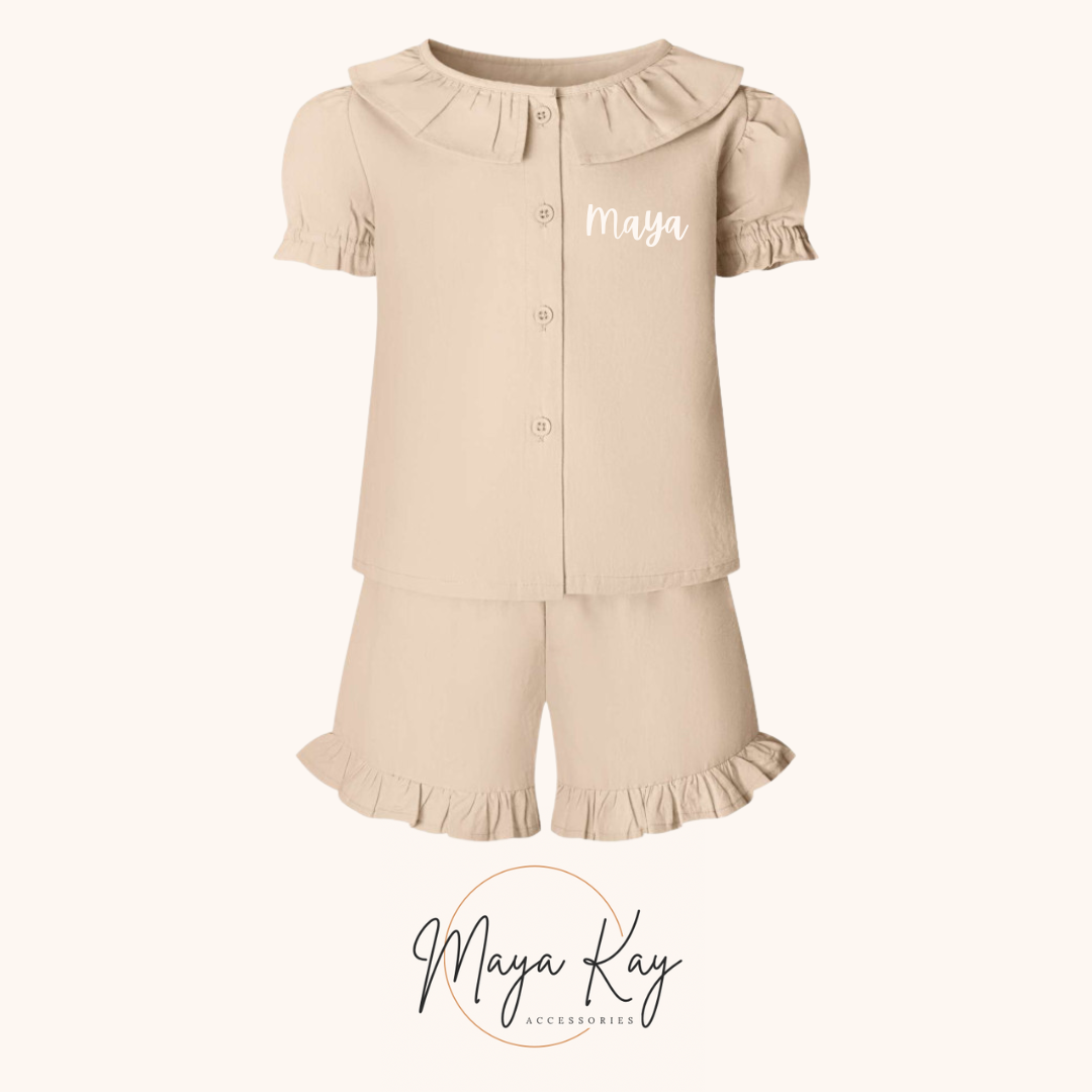 FRILL TOP AND SHORT SET IN NATURAL