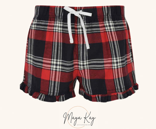 WOMENS RED/NAVY TARTAN FRILL PJ SHORTS