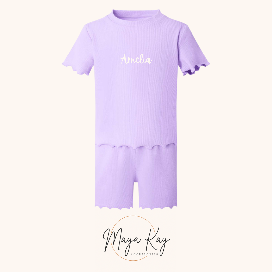 GIRLS RIB T-SHIRT SHORT SET IN PASTEL PURPLE